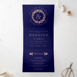 Vintage rose gold rose wreath navy blue wedding Tri-Fold invitation