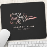 Vintage Rose Gold Scissors Hair Stylist Logo Mouse Mat<br><div class="desc">Vintage Rose Gold Scissors Hair Stylist Logo Mouse Pad. This elegant modern trendy business design features vintage scissors on a solid black background. Perfect for a hair stylist,  seamstress,  or salon owner.</div>