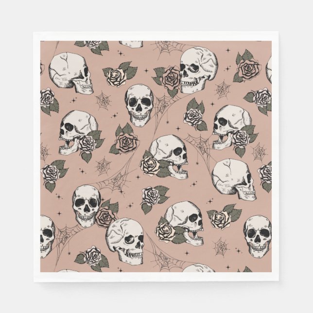 Vintage Rose Gothic Skulls and Roses Halloween Napkin (Front)