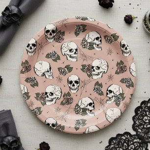 Vintage Rose Gothic Skulls and Roses Halloween Paper Plate