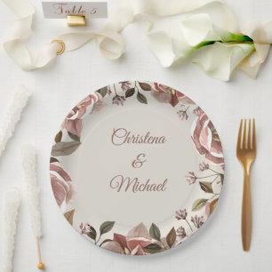 Vintage Rose & Greenery Wedding Paper Plate