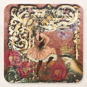 Vintage Rose Gypsy Dancer French Collage Square Paper Coaster