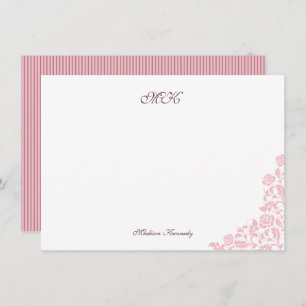 Vintage Rose Lace Pink Stripe Script Monogram Note Card