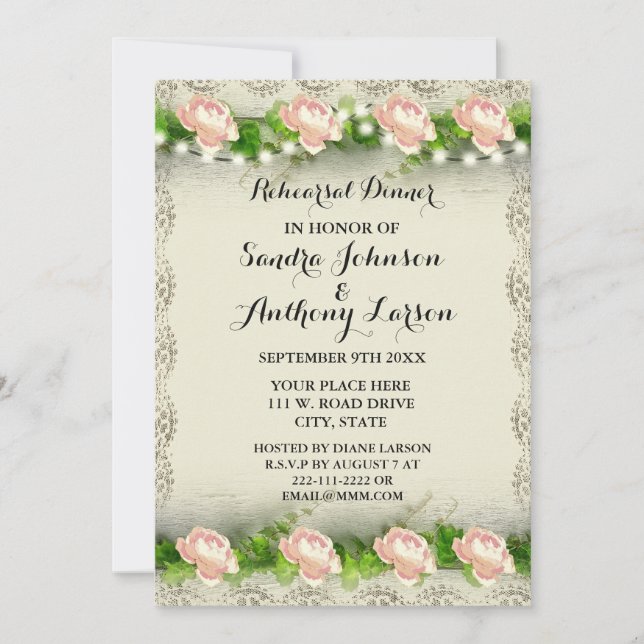 Vintage Rose & Lace Wedding Rehearsal Invitation (Front)