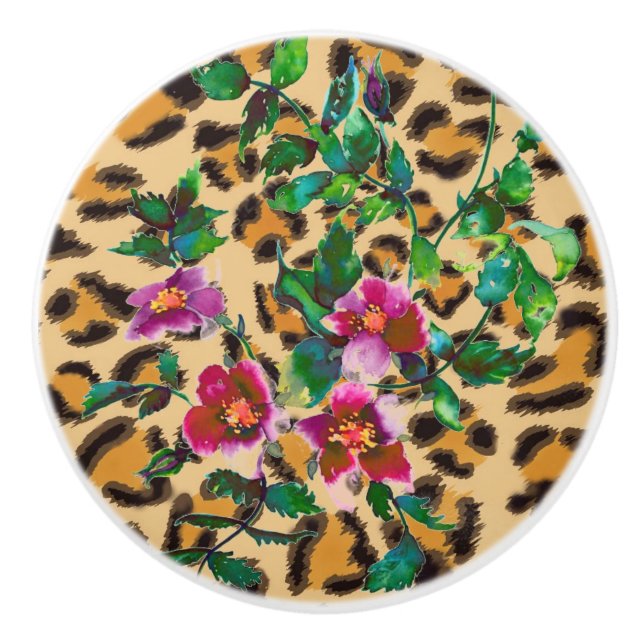 Vintage Rose - leopard print Ceramic Knob (Front)