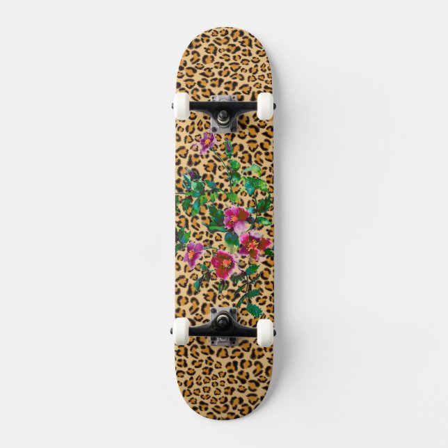 Vintage Rose - leopard print Skateboard (Front)