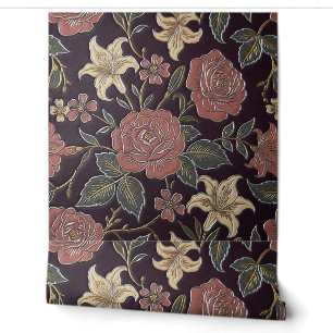 Vintage Rose & Lily Bloom on Deep Plum Elegance Wallpaper