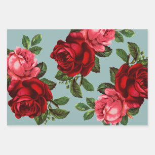 Vintage rose mint green background wrapping paper sheet