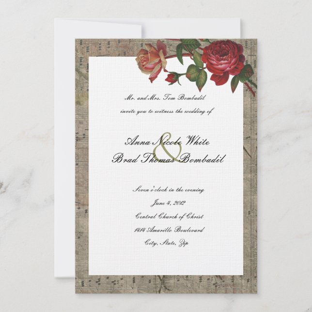 Vintage Rose Music Wedding Invitation (Front)