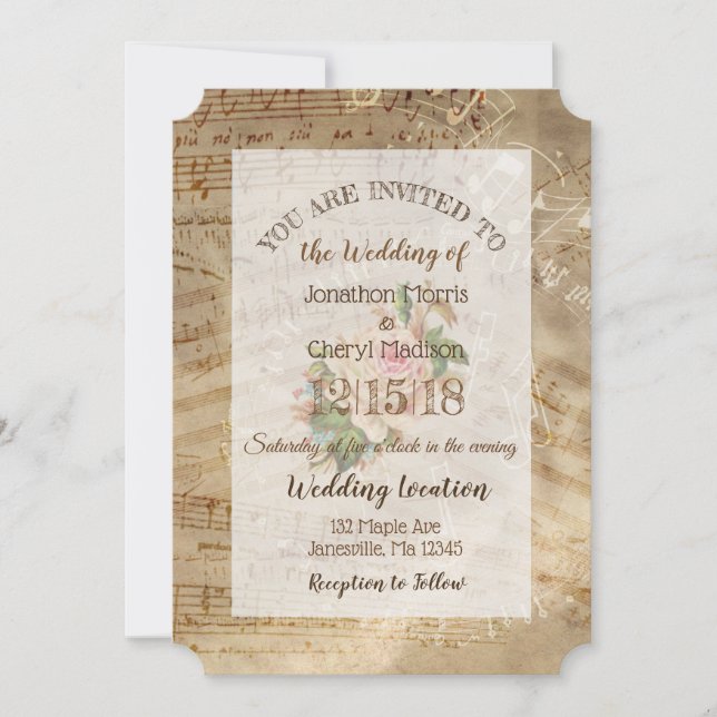 Vintage Rose Musical Notes Wedding  Invitation (Front)