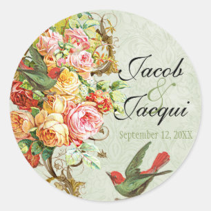 Vintage Rose n birds, Sticker Seal Save the Date