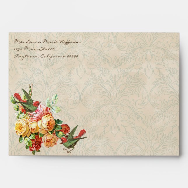 Vintage Rose n birds,  Wedding Invite Envelopes (Front)