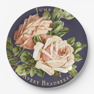 Vintage Rose Navy Blue Bridal Tea Paper Plate