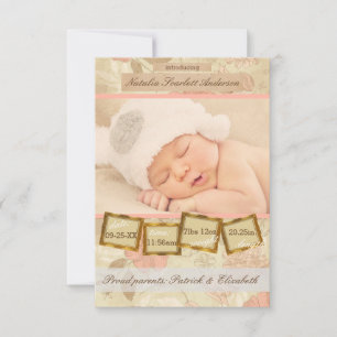 Vintage Rose One Photo - 3x5 Birth Announcement