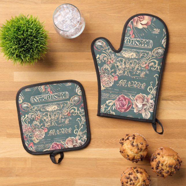 Vintage Rose Oven Mitt and Potholder set (Top Down)