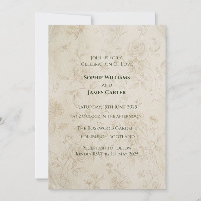 Vintage Rose Parchment Wedding Invitation (Front)