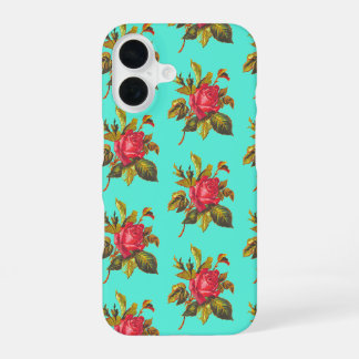 Vintage Rose Pattern and Aqua Blue iPhone 16 Case