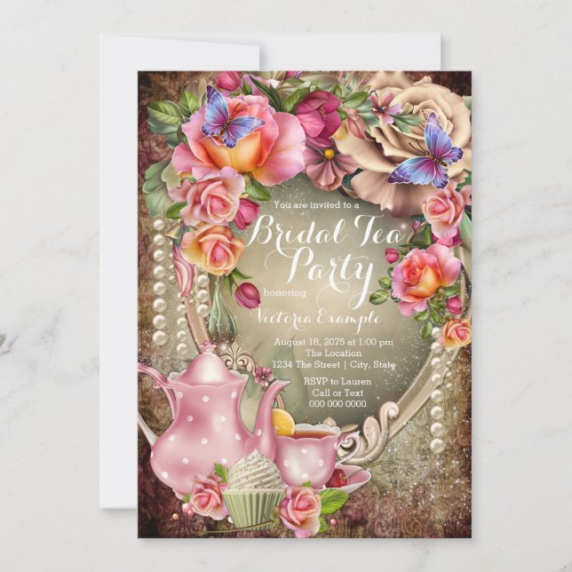 Vintage Rose Pearl Bridal Tea Party Invitation (Front)