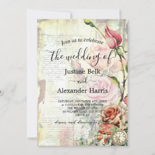 Vintage Rose Photo QR Code Wedding Invitation