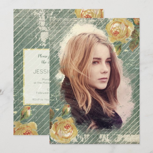 Vintage Rose Photo Template Elegant Birthday Party (Front/Back)