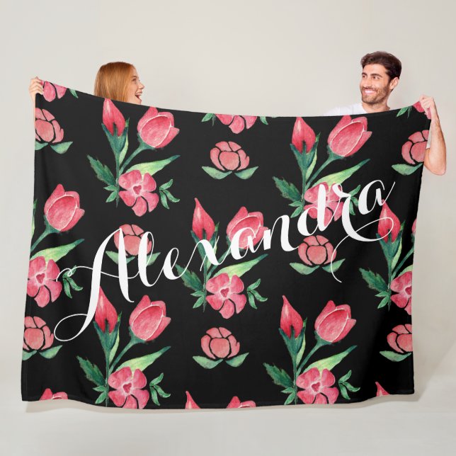 Vintage Rose Pink and Black Pattern Fleece Blanket (In Situ)