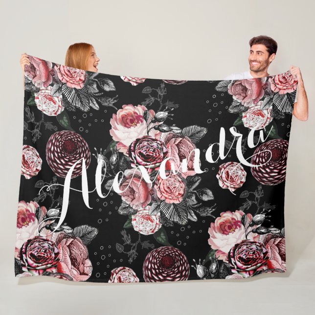 Vintage Rose Pink and Black Pattern Fleece Blanket (In Situ)