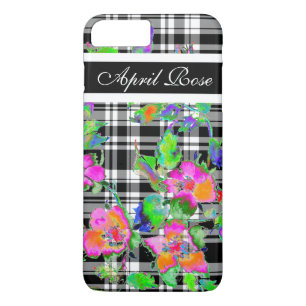 Vintage rose pink  black/white plaid  monogrammed iPhone 8 plus/7 plus case