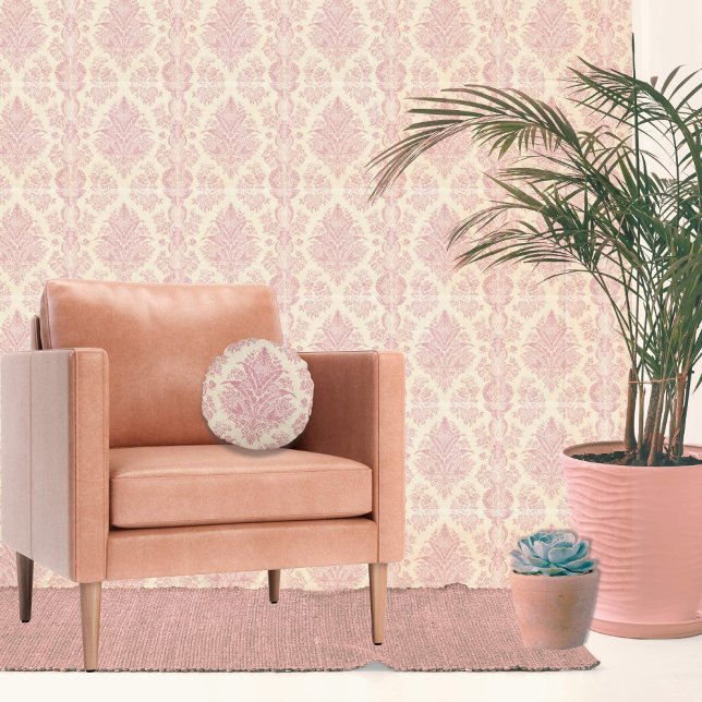 Vintage Rose Pink Damask Round Cushion (Pink damask pillow for a traditional interior)