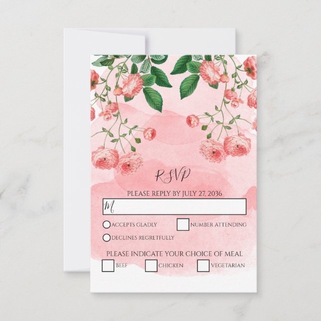 Vintage Rose Pink Floral Botanical Wedding RSVP (Front)