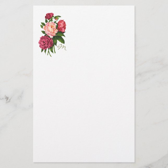 Vintage Rose Pink Peony Flowers Monogram Stationery (Front)
