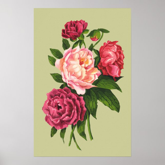 Vintage Rose Pink Peony Garden Flower Poster (Front)