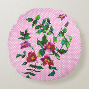 Vintage Rose pink/white polka-dots Round Cushion