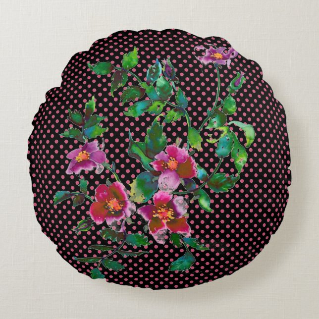 Vintage Rose  pink/white polka-dots Round Cushion (Front)