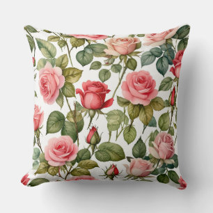 Vintage Rose Romance - Soft Pink & Red Floral  Cushion