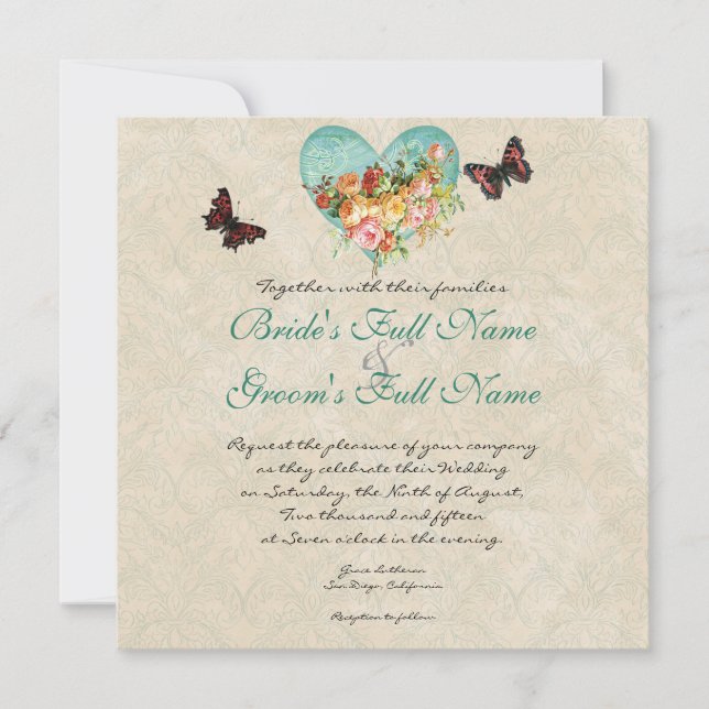Vintage Rose Roses Butterfly Butterflies Swirls Invitation (Front)