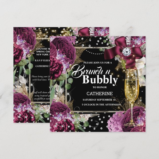 Vintage rose shabby chic bubbly glitter glam invitation (Front/Back)