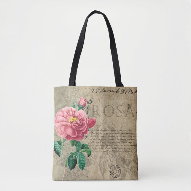 Vintage rose shabby chic tote bag (Front)