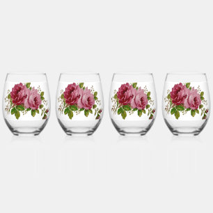 Vintage Rose Stemless Wine Glass