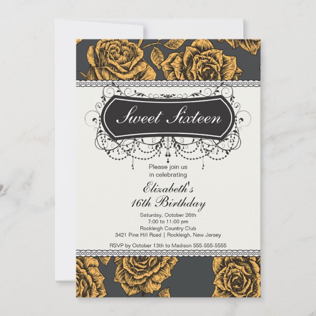 Vintage Rose Sweet Sixteen Birthday Invitation (Front)