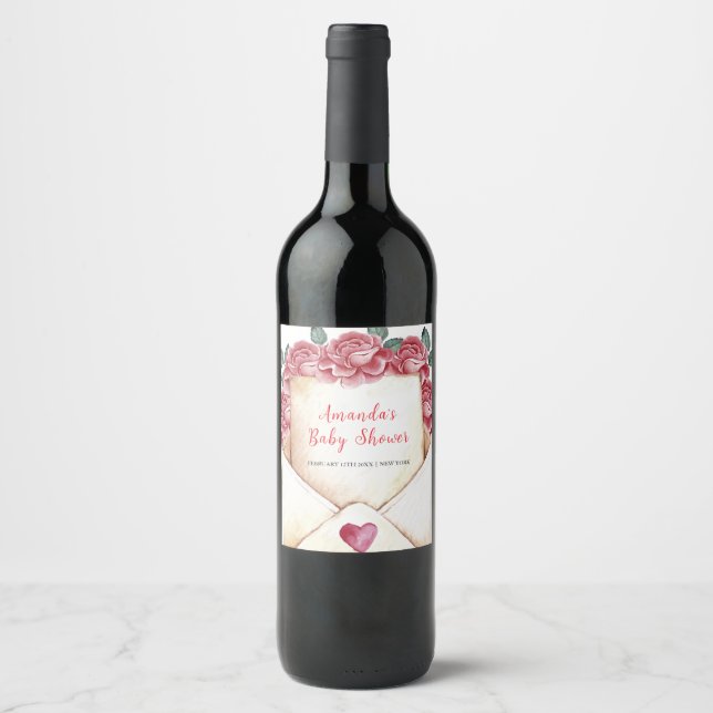 Vintage Rose Sweetheart Letter  Baby Shower  Wine Label (Front)
