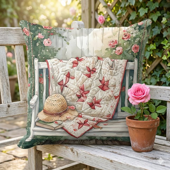 Vintage Rose Swing with Quilt Charm Cushion (Vintage Rose Swing with Quilt Charm Throw Pillow Mockup A)