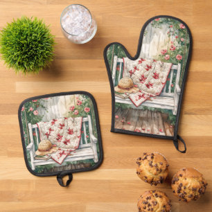 Vintage Rose Swing with Quilt Charm Oven Mitt & Pot Holder Set