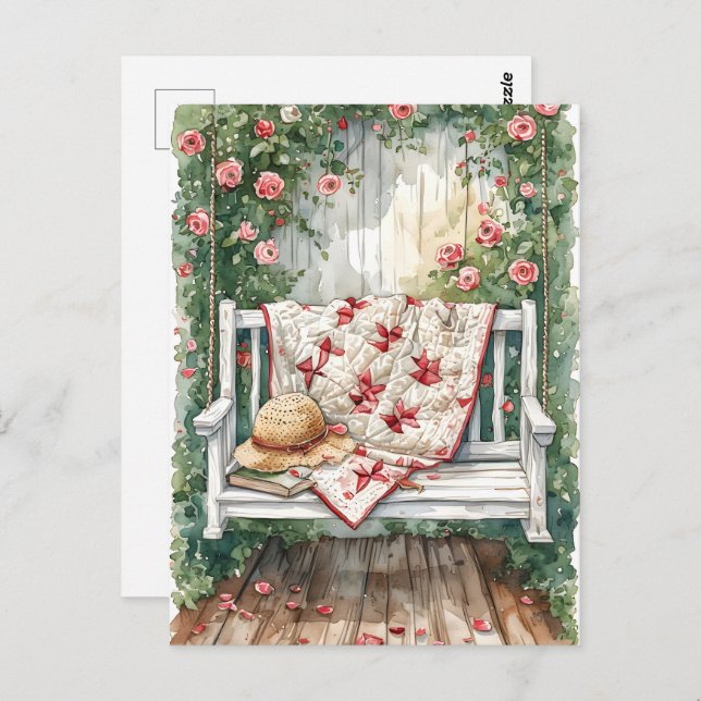 Vintage Rose Swing with Quilt Charm Postcard (Front/Back)