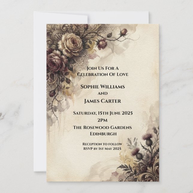 Vintage Rose & Thistle Wedding Invitation (Front)