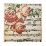 Vintage Rose Trio & Music Tile<br><div class="desc">Beautiful vintage / Victorian design features background of antique sheet music with overlay of full colour vintage rose trio illustration</div>