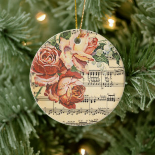 Vintage Rose Trio on Music Ceramic Tree Decoration