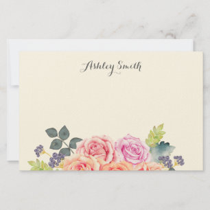 Vintage Rose Watercolor Floral Custom Name Elegant Stationery