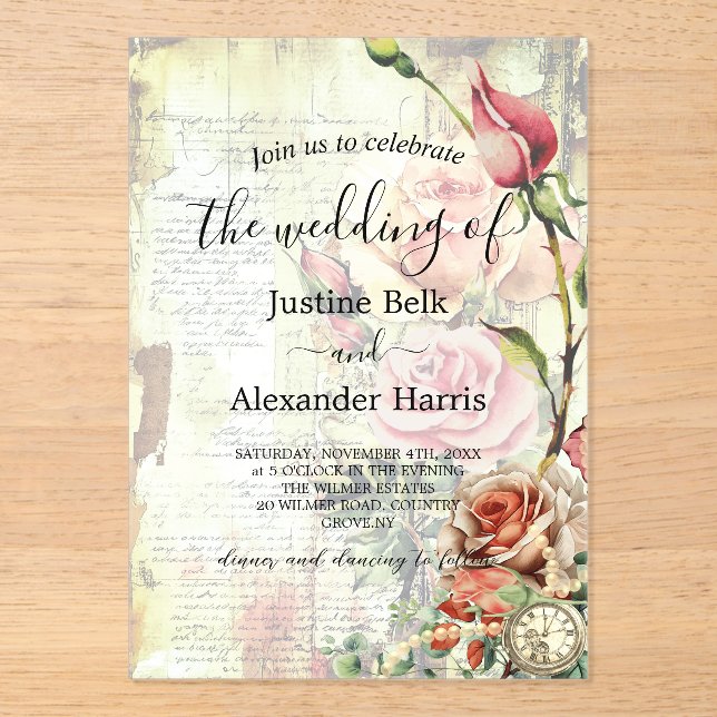 Vintage Rose Wedding Acrylic Invitations (Front)