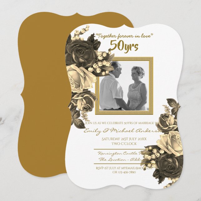 Vintage Rose Wedding Anniversary - 50th Golden Invitation (Front/Back)
