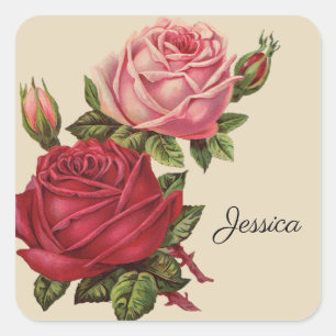 Vintage Rose with Name Square Sticker